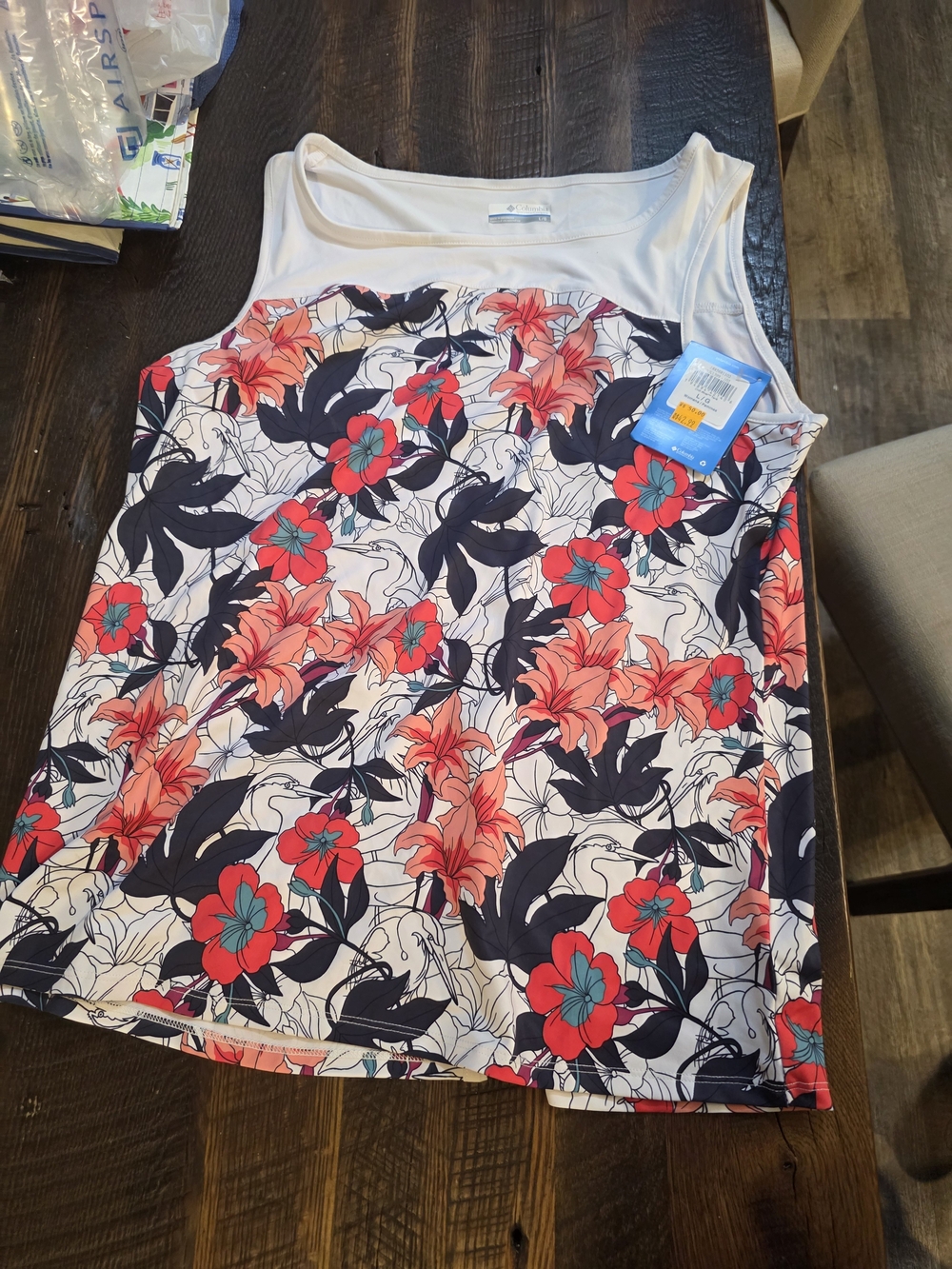 Floral Scoop Neck Tank Top in White, Coral & Navy - Women's